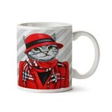 Art Hediye Hipster Kedi Kırmızı Takım Şapka Ceket İki Tarafı Baskılı Kupa Bardak