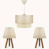 Art ve Gift Art Üçlü Avize Ve Abajur Seti Ahşap Ayak Beyaz Dantel Kumaş Başlık Krem