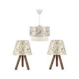 Art ve Gift Art Üçlü Pasta Avize Ve Abajur Seti Zeytin Dalı Desen Süet Kumaş Yatak Odası Salon Sarkıt Bej