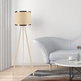 Art ve Gift Krem Ahşap Üç Ayaklı Tripod Lambader Bej Kumaş Hazır Başlık Gold Şeritli Köşe Lambası
