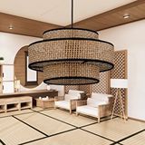 Art ve Gift Otantik Trio Metal Kasalı Kahve Hasır Kaplama Rattan Salon Avize Üç Katlı Pasta Yatak Odası Sarkıt Kahverengi