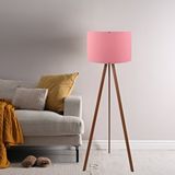 Art ve Gift Pratik Ahşap Üç Ayaklı Tripod Lambader Pembe Kumaş Başlık Salon Oturma Odası Köşe Lambası