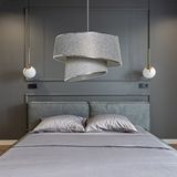 Art ve Gift Stil Asitmetrik Pasta Avize Gri Kırçıl Kumaş Gümüş Şeritli Yatak Odası Salon Sarkıt