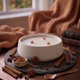 Art ve Gift Tarçın Kokulu Dekoratif Beton Mum Yuvarlak Yatay Form Üç Fitilli Mum 250 Gr Beyaz