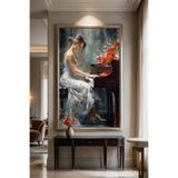 ARTAN GALLERY Piyano Çalan Kadın Kadife Tablo 40 mm Çerçeveli Yağlı Boya Görünümlü Müzik Duvar Tablosu