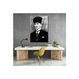 Artarilion Dikey Cam Siyah Beyaz Atatürk Tablosu Cam Ofis Ev Tablosu Duvar Dekoru