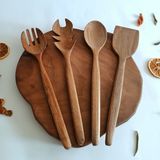 Artful Wooden Ahşap Tahta Servis, Sunum, Yemek Kaşık Spatula ve Salata Servis Kaşığı Seti - Ceviz Ağacı