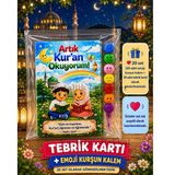 Artık Kur'an Okuyorum Hediyesi 20 Set Kur'an Kursu-Hatim Töreni Hatırası Emoji Kurşun Kalem Tebrik Kartı Hediyeli