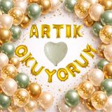 Artık Okuyorum Folyo Harf Balon Küf Yeşili Gold Konfetili Okuma Bayramı Temalı Süsleme Çok Renkli
