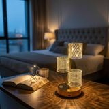 Artisan Cappadocia 3 Parça Silindirik Kristal Ekose Kareli LED Masa Lambası – Gold Gövdeli, Dokunmatik, 3 Kademe Işık A