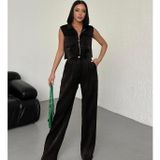 Artıstıc lıfe Kadın Alt Üst Takım, Siyah, Fermuarlı Kolsuz Crop Top ve Bol Paça Pantolon