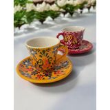 Artistic Quality Dekoratif 2 Kişilik Şık Lale Çini Tasarımlı Tamamen El Yapımı Kahve Fincan Seti - Sarı - Kırmızı
