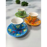 Artistic Quality Dekoratif 3 Kişilik Şık Lale Çini Tasarımlı Tamamen El Yapımı Kahve Fincan Seti - Sarı - Yeşil