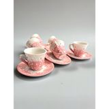 Artistic Quality Dekoratif 6 Kişilik Şık Lale Çini Tasarımlı Tamamen El Yapımı Kahve Fincan Seti - Pembe