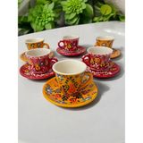 Artistic Quality Dekoratif 6 Kişilik Şık Lale Çini Tasarımlı Tamamen El Yapımı Kahve Fincan Seti - Sarı - Kırmızı