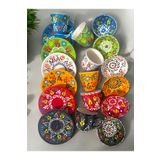 Artistic Quality Dekoratif 6 Kişilik Şık Lale Çini Tasarımlı Tamamen El Yapımı Kahve Fincanı ve 10 cm Sosluk