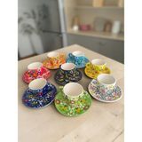 Artistic Quality Dekoratif 8 Kişilik Şık Lale Çini Tasarımlı Tamamen El Yapımı Kahve Fincan Seti - Renkli
