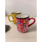 Artistic Quality Dekoratif Çini Işlemeli Büyük Kupa, Duble Kahve Fincanı, Ayran Bardağı, Meşrubat Bardağı 2 Adet - Sarı - Kırmızı