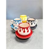 Artistic Quality Dekoratif Sarı, Kırmızı, Siyah ve Mavi Damla Çay-Kahve Fincanı 4 Adet - Renkli