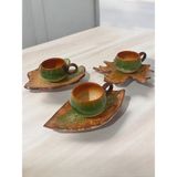 Artistic Quality Dekoratif Yaprak Figürlü, Yeşil ve Kahve Renklerinde Çay Kahve Fincanı Seti 3 Kişilik - Açık Yeşil