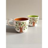 Artistic Quality Dekoratif Zeytin Ağacı - Dalı Işlemeli 2 Adet Seramik Kupa - Mug - Kahve Fincanı - Yeşil