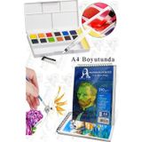 Artlantis 12 Renk Tablet Sulu Boya ve A4 Telli Suluboya Bloğu Kağıdı A4 210gr 20 Yaprak İnce Dokulu Taş Suluboya Plastik Kutulu