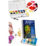 Artlantis 12 Renk Tablet Sulu Boya ve A5 Telli Suluboya Bloğu Kağıdı A5 210GR 20 Yaprak Ince Dokulu Taş Suluboya Plastik Kutulu - Krem - Suluboya Kağıdı