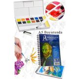 Artlantis 12 Renk Tablet Sulu Boya ve A5 Telli Suluboya Bloğu Kağıdı A5 210gr 20 Yaprak İnce Dokulu Taş Suluboya Plastik Kutulu