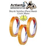 Artlantis 12x66 Metre Selefon Bant 3 Adet Büro Bandı Büyük Bant Makinelerine Uyumlu Kırtasiye Şeffaf Para Bandı