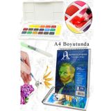 Artlantis 18 Renk Tablet Sulu Boya ve A4 Telli Suluboya Bloğu Kağıdı A4 210gr 20 Yaprak İnce Dokulu Taş Suluboya Plastik Kutulu