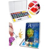 Artlantis 36 Renk Tablet Sulu Boya ve A4 Telli Suluboya Bloğu Kağıdı A4 210GR 20 Yaprak Ince Dokulu Taş Suluboya Plastik Kutulu - Krem - Suluboya Kağıdı