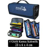 Artlantis 4 Gözlü Kalem Çantası 1 Adet Dört Bölümlü Kalemlik Sanatsal Şeffaf Bölmeli Kulplu Taşınabilir Kumaş Kalemlik - Lacivert