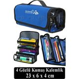 Artlantis 4 Gözlü Kalem Çantası 1 Adet Dört Bölümlü Kalemlik Sanatsal Şeffaf Bölmeli Kulplu Taşınabilir Kumaş Kalemlik - Mavi