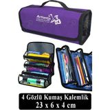 Artlantis 4 Gözlü Kalem Çantası 1 Adet Dört Bölümlü Kalemlik Sanatsal Şeffaf Bölmeli Kulplu Taşınabilir Kumaş Kalemlik - Mor