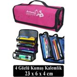 Artlantis 4 Gözlü Kalem Çantası 1 Adet Dört Bölümlü Kalemlik Sanatsal Şeffaf Bölmeli Kulplu Taşınabilir Kumaş Kalemlik - Pembe