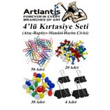 Artlantis 4 lü Kırtasiye Seti Mandal Raptiye Ataç Harita Çivisi 1 Paket Metal Kıskaç Klips Okul Ofis Büro Seti