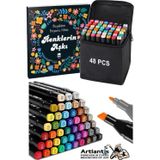 Artlantis 48 Adet Çift Taraflı Marker Kalem Çantalı 1 Paket 48 Renk Touch Markör Renklerin Aşkı Mandala Büyüklere Boyama Kitabı