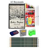 Artlantis A3 Eskiz Defteri Spralli 50 Yaprak Karakalem Çizim Seti Gölgelendirme Kalemi Kuruboya Hamur Silgi Fatih Dereceli Kalem Çok Renkli