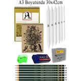 Artlantis A3 Kraft Eskiz Defteri Spiralli 50 Yaprak Karakalem Çizim Seti Gölgelendirme Kalemi Hamur Silgi Fatih Dereceli Kalem Hob - Standart