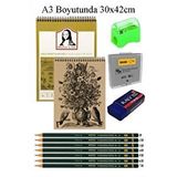 Artlantis A3 Kraft Eskiz Defteri Spiralli 50 Yaprak Karakalem Çizim Seti Hamur Silgi Fatih Dereceli Kalem Hobi Tasarım Seti Telli Çok Renkli