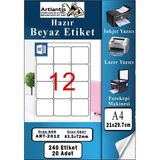 Artlantis A4 12 Li Hazır Etiket 63.5X72 mm 20 Sayfa 1 Paket Kendinden Yapışkanlı Fotokopi Lazer Inkjet Kağıdı Yazıcılar Için Uyum - Standart