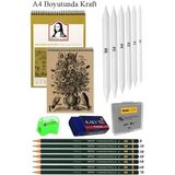 Artlantis A4 Kraft Eskiz Defteri Spiralli 50 Yaprak Karakalem Çizim Seti Gölgelendirme Kalemi Hamur Silgi Fatih Dereceli Kalem Hob - Standart