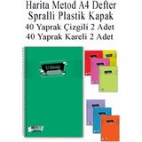 Artlantis A4 Okul Defteri Spiralli Plastik Kapak 40 Yaprak Çizgili 2 Adet ve 40 Yaprak Kareli 2 Adet Spralli Harita Metod - Çok Renkli - Standart