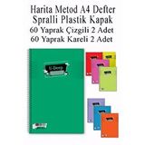 Artlantis A4 Okul Defteri Spiralli Plastik Kapak 60 Yaprak Çizgili 2 Adet Ve 60 Yaprak Kareli 2 Adet Spralli Harita Metod Çok Renkli
