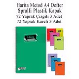 Artlantis A4 Okul Defteri Spiralli Plastik Kapak 72 Yaprak Çizgili 3 Adet ve 72 Yaprak Kareli 3 Adet Spralli Harita Metod