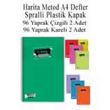Artlantis A4 Okul Defteri Spiralli Plastik Kapak 96 Yaprak Çizgili 2 Adet ve 96 Yaprak Kareli 2 Adet Spralli Harita Metod