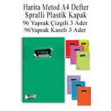 Artlantis A4 Okul Defteri Spiralli Plastik Kapak 96 Yaprak Çizgili 3 Adet ve 96 Yaprak Kareli 3 Adet Spralli Harita Metod