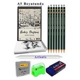 Artlantis A5 120 Gr Eskiz Defteri Telli 7 Adet Dereceli Kalem Çizim Seti Pastel Dağıtma Silgi Karakalem Eskiz Seti Kalemtraş