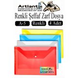 Artlantis A5 Çıtçıtlı Dosya Şeffaf Renkli Zarf Dosya 4 Renk 17x22 cm Çıt Çıtlı Dosya Su Geçirmez 50 Yaprak Kap