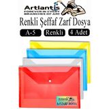 Artlantis A5 Çıtçıtlı Dosya Şeffaf Renkli Zarf Dosya 4 Renk 17X22 cm Çıt Çıtlı Dosya Su Geçirmez 50 Yaprak Kapasiteli - Çok Renkli